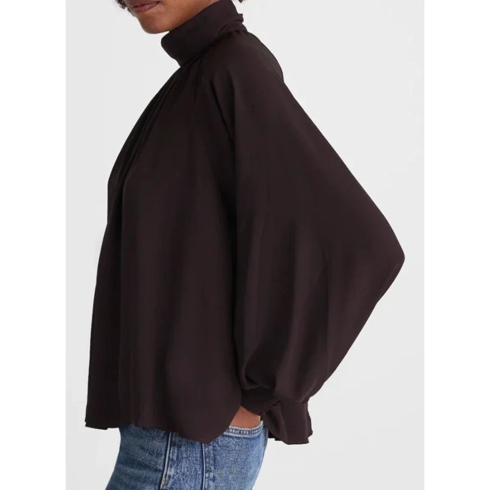 Madewell Chiffon Turtleneck Blouse XS Molasses Brown Smocked Cuff NWT NY352 - Picture 6 of 13
